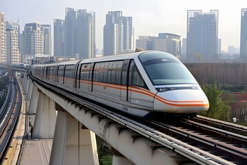 high-speed maglev train slicing through an urban landscape