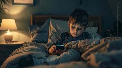 child using smartphone in night, kid using smartphone in bed
