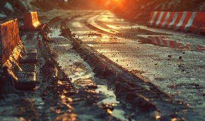 muddy and broken road in the city, construction of road 