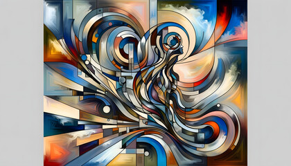 The abstract figurative design painting, showcasing the dynamic interplay between abstract forms and figurative elements