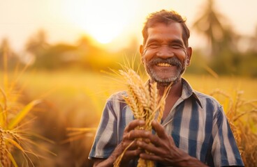 Indian farmer standing in his field holding crop
