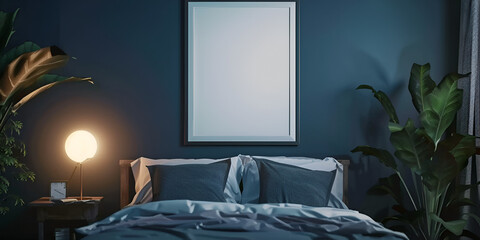 Silhouette ,Frame mockup in cozy blue bedroom interior, 3D Rendered Mockup Frame Against A Sleek Dark Home Interior Backdrop. Сoncept Interior Design Showcase, Modern Home Decor, Blank wooden frame