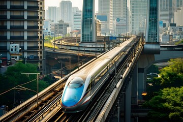 high-speed maglev train slicing through an urban landscape