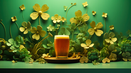 three and four leaf clovers with a beer on a green background for St. Patrick's Day