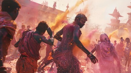 Holi festival in India, people celebrating holi in Indian street, splash of colorful powder