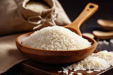 Rice in a bag with a wooden spoon - obrazy, fototapety, plakaty