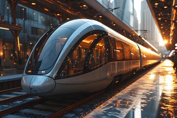 Fototapeta premium high-speed maglev train slicing through an urban landscape