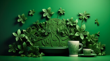 three and four leaf clovers with a beer on a green background for St. Patrick's Day