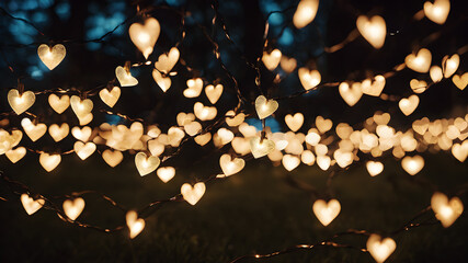 A heart-shaped constellation of fairy lights suspended in the darkness, forming a celestial and enchanting scene. This image might evoke the idea of gifts that bring light and joy into one's life, lik - obrazy, fototapety, plakaty