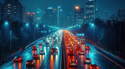 Busy traffic on the highway at night with beautiful city lights and car headlights