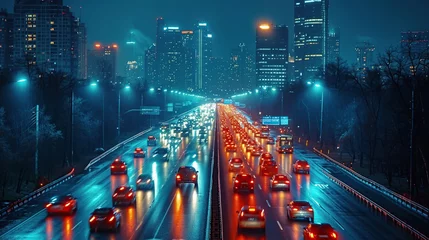 Tuinposter Busy traffic on the highway at night with beautiful city lights and car headlights © siti
