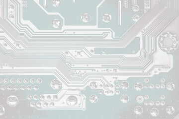 back side of computer mainboard. electrical connections of circuit board. details extreme closeup.