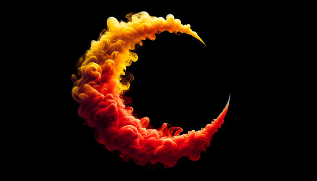 a crescent shape formed by red, yellow, and orange smoke against a black background has been created, capturing the ethereal and fluid nature of the smoke with vibrant colors blending seamlessly