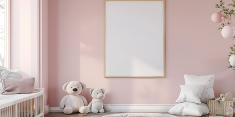 Silhouette,pink room with a white frame , Pink Kids Room Portrait Frame Mockup, Picture frame mockup psd hanging in kids room home decor interior, Cozy baby room with plush toys and pink furniture,