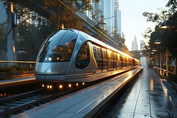 high-speed maglev train slicing through an urban landscape