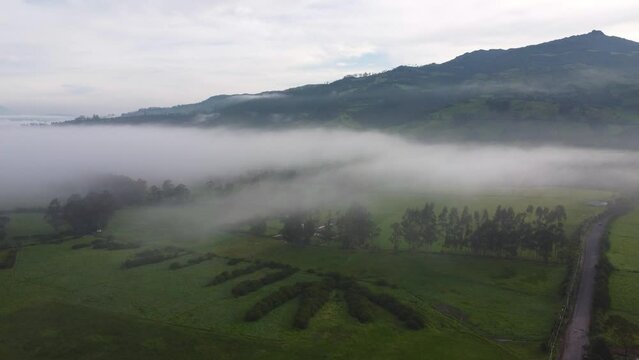 Slow moving drone clip over a green field with the volcano Volcan Pasochoa at the background in Neblina, Machachi in Equador
