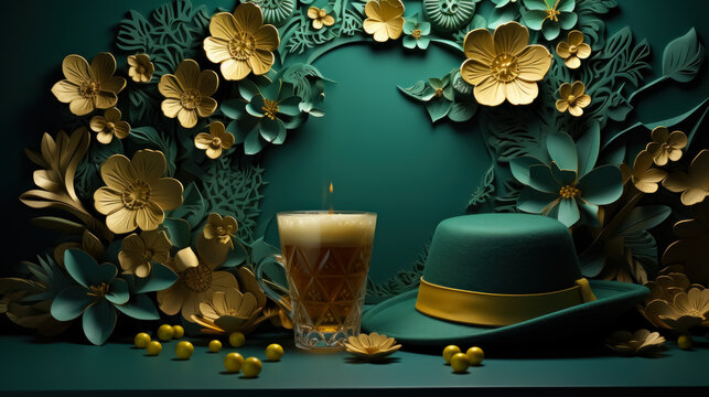 four leaf clovers made with paper in a green composition with beer and green hat for St. Patrick's Day
