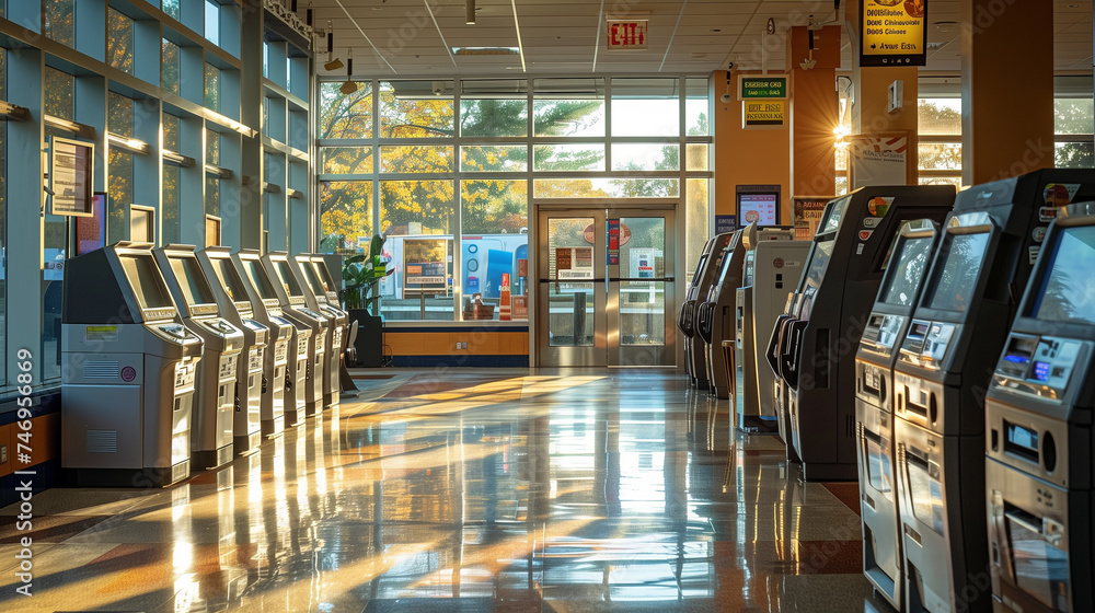 Wall mural atm and payment machines inside a commercial business facility.