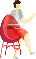 Faceless young boy character showing hand sitting on chair.