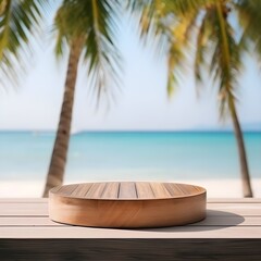 Wooden podium mockup for summer product display at sea on beach background 3d render