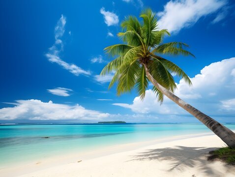 Sandy tropical beach background with palm tree