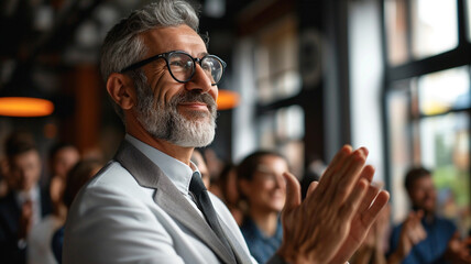 Obraz premium Businessman clapping hir hands during an office meeting