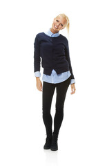 Fototapeta premium Fashion, portrait and smile of woman in studio isolated on a white background mockup space. Model, blonde student and happy person in casual clothes, trendy or stylish outfit in Sweden on a backdrop