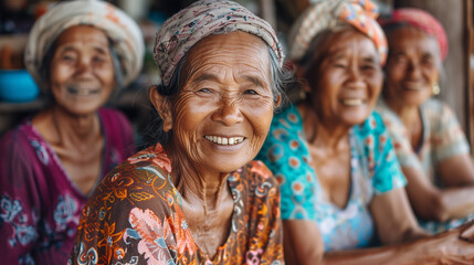 Group of Thai villager women, happy and smiling. Wearing tradition attire. - obrazy, fototapety, plakaty