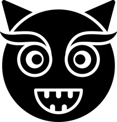 B&W illustration of devil face icon.