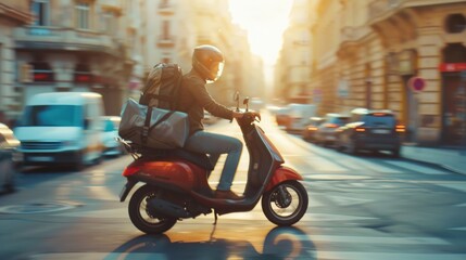 A delivery person swiftly navigates through a bustling city street on a red scooter, capturing the...