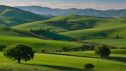 A vibrant, diverse landscape painted in shades of green, with a few solitary trees standing tall against the rolling hills and valleys.