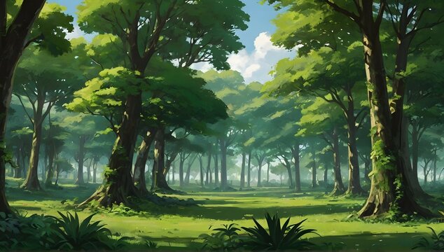 A vibrant, diverse landscape painted in shades of green, with a few solitary trees standing tall against the rolling hills and valleys.