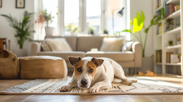 a dog lying down in sunny living room picture, Relaxing on the floor, realistic wallpaper.