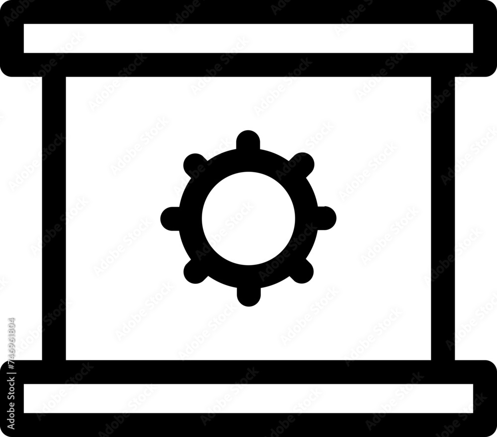 Poster cog symbol on scroll paper icon in line art.