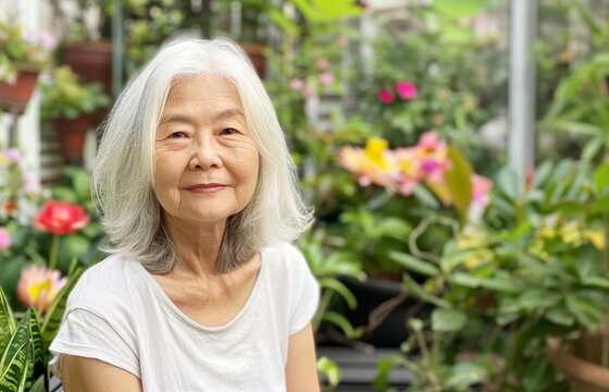 Asian senior woman  with a smile on a green background.