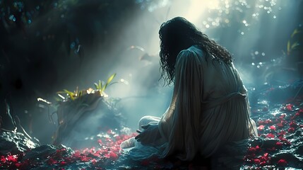 A dramatic portrayal of Jesus praying in the Garden of Gethsemane, bathed in moonlight.