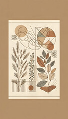 The Boho art style image featuring simple line art, earthy tones, geometric shapes, and botanic art, embodying a minimalist aesthetic
