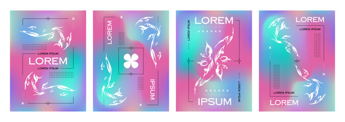 Fototapeta na wymiar Poster template in y2k style with abstract neo tribal geometric shapes wit sharp spiky edges on gradient fluid colors background. Vector banner design layout set with succubus decoration elements.
