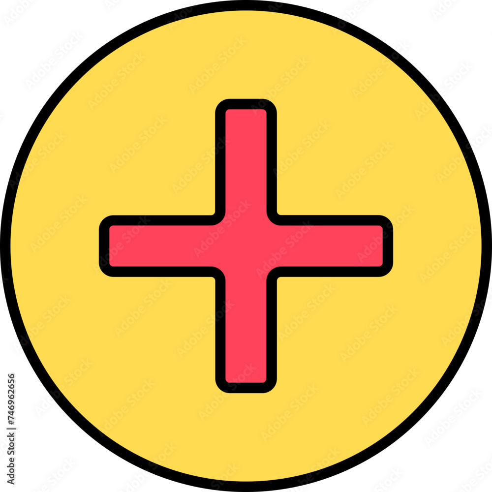 Aufkleber add button icon in red and yellow color.