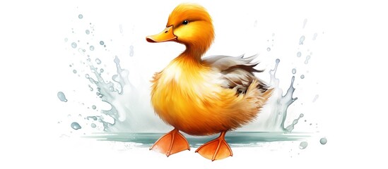 watercolor vector illustration of cute ducklings swimming in the river on a white background
