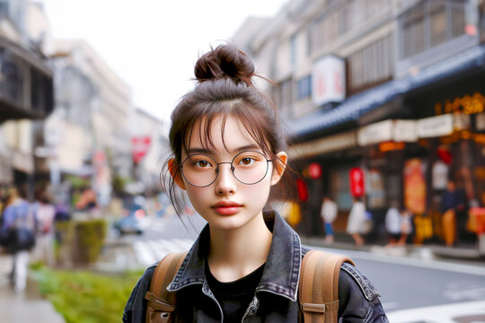 street snapshot image of beautiful young Asian woman with round glasses, natural messy bun