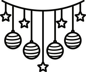 Hanging stars and baubles garland icon in black line art.