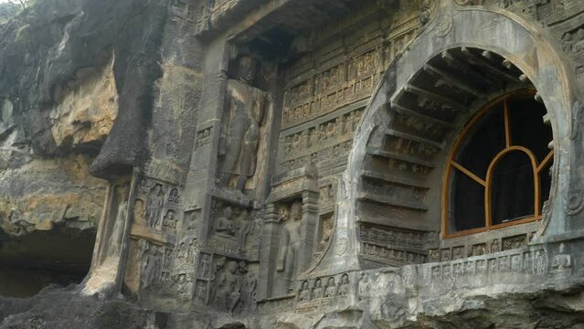 The sculptures at the entrance of Cave 26, Buddhist religious art at Ajanta Caves