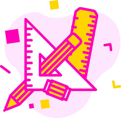 Flat style Geometric elements of Triangle Ruler with Pencil, Ruler Scale and Eraser on Abstract Background in pink and yellow color.