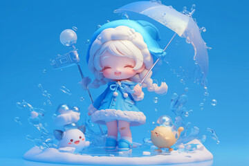 Cute cartoon girl surrounded by bubbles