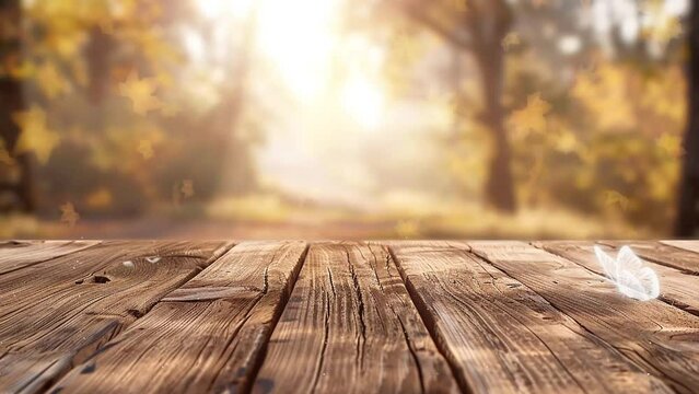 empty wooden board table in front of blurred background. seamless looping overlay 4k virtual video animation background