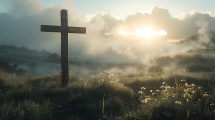 A simple wooden cross standing against a backdrop of rolling hills, bathed in soft light.