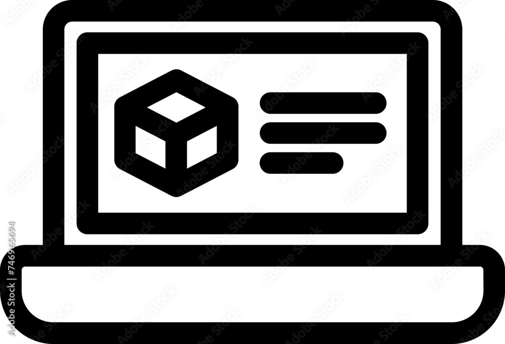 Poster cube or block on laptop screen icon in line art.