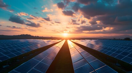 renewable energy with a solar farm ,sunset - obrazy, fototapety, plakaty