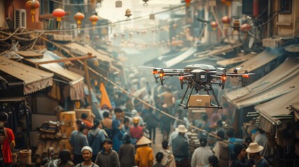 Delivering goods to vendors with precision and speed, a drone zips through a crowded marketplace